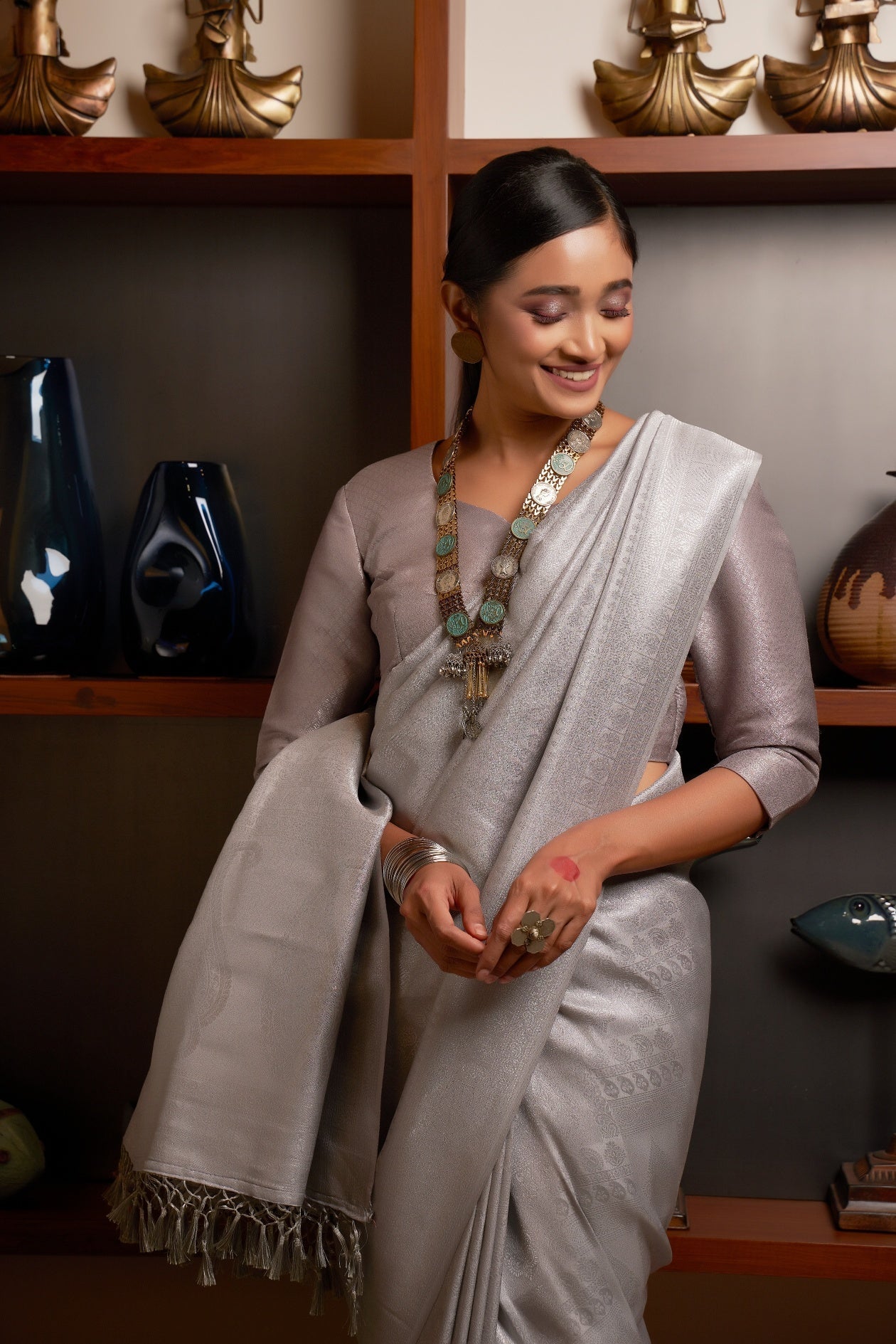 Vardha Platinum Grey Silver Zari Kanjeevaram Silk Saree