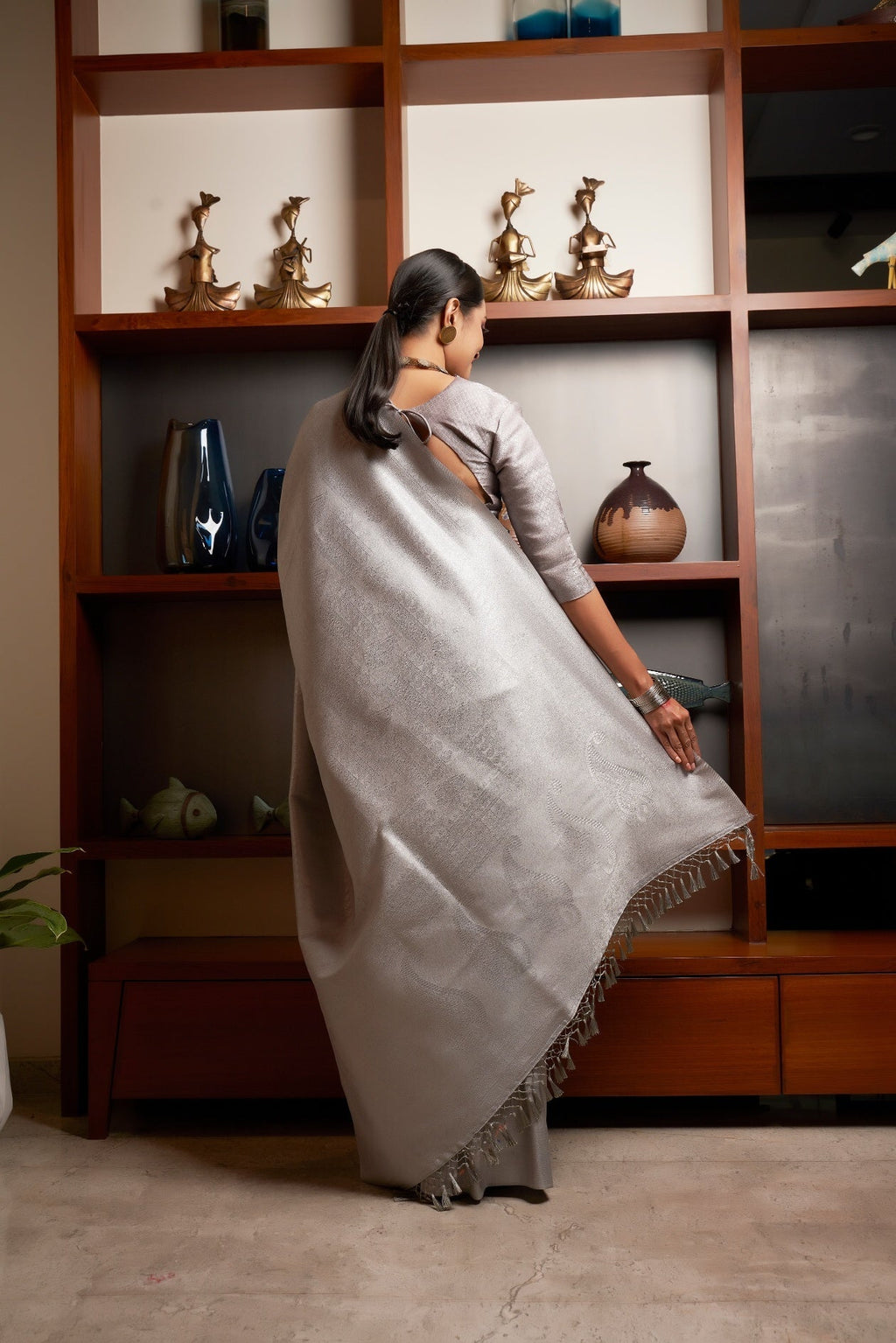Vardha Platinum Grey Silver Zari Kanjeevaram Silk Saree