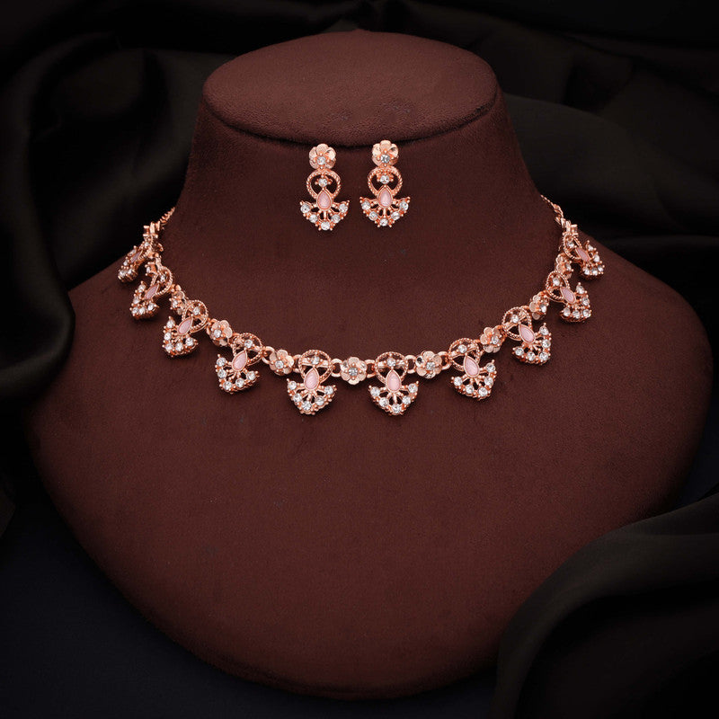 Tehzeeb Creations Gold-Polished Baby Pink Colour Necklace With Earrings