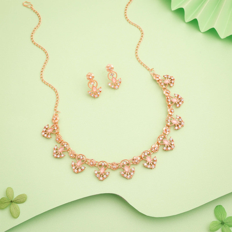 Tehzeeb Creations Gold-Polished Baby Pink Colour Necklace With Earrings