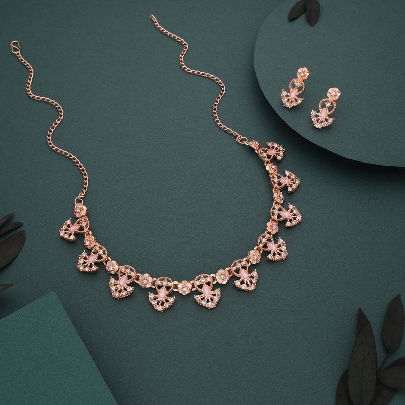 Tehzeeb Creations Gold-Polished Baby Pink Colour Necklace With Earrings