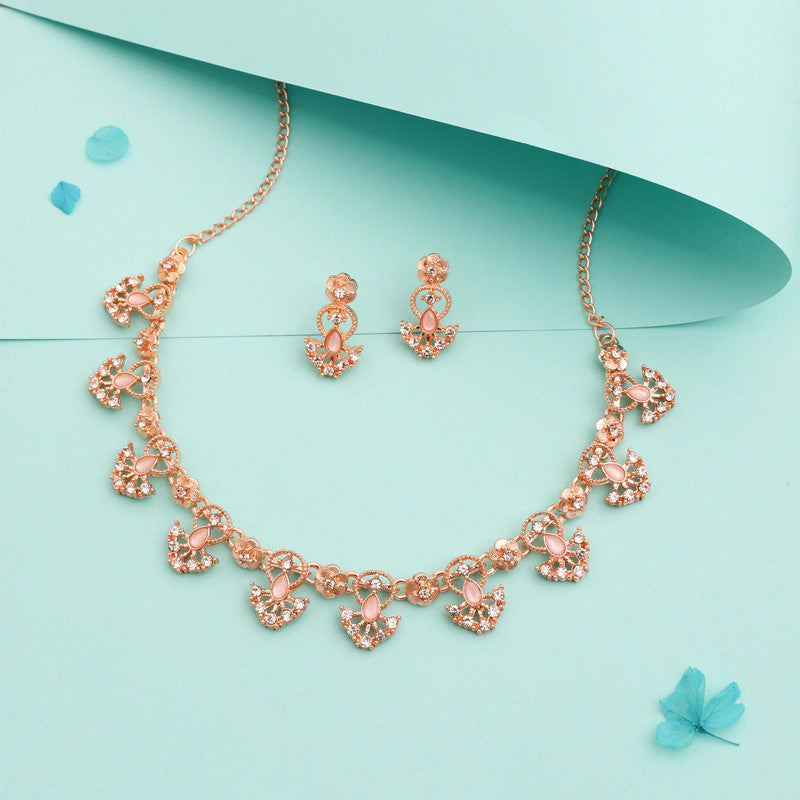 Tehzeeb Creations Gold-Polished Baby Pink Colour Necklace With Earrings