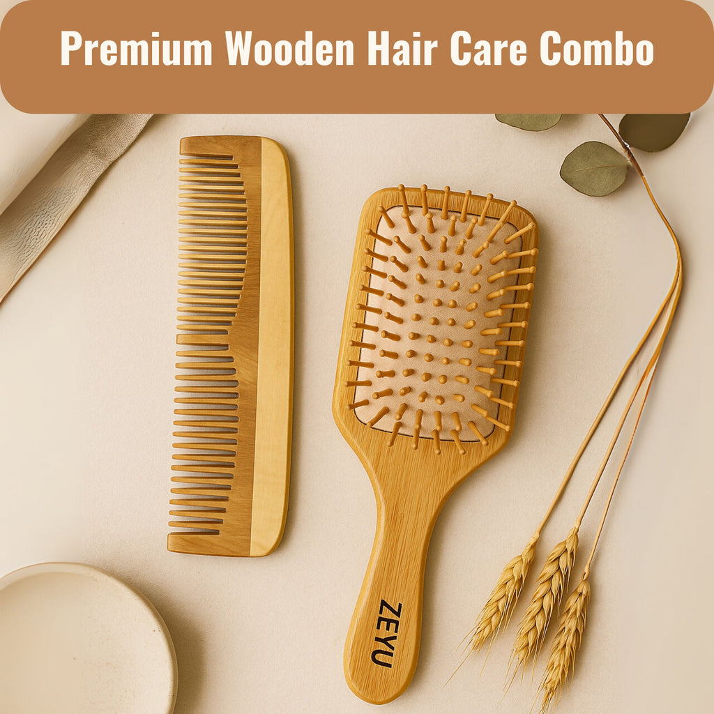 ZEYU Wooden Hair Brush And Wooden Comb With Bamboo Bristles