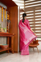 Vardha Candy Apple Red Silver Zari Kanjeevaram Silk Saree