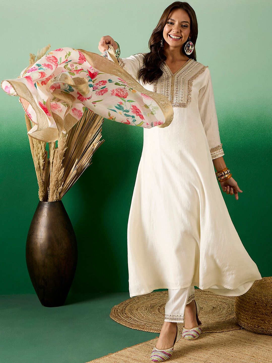 Sangria Off White Floral Embroidered Zari Sequence A-Line Kurta With Trouser & Dupatta