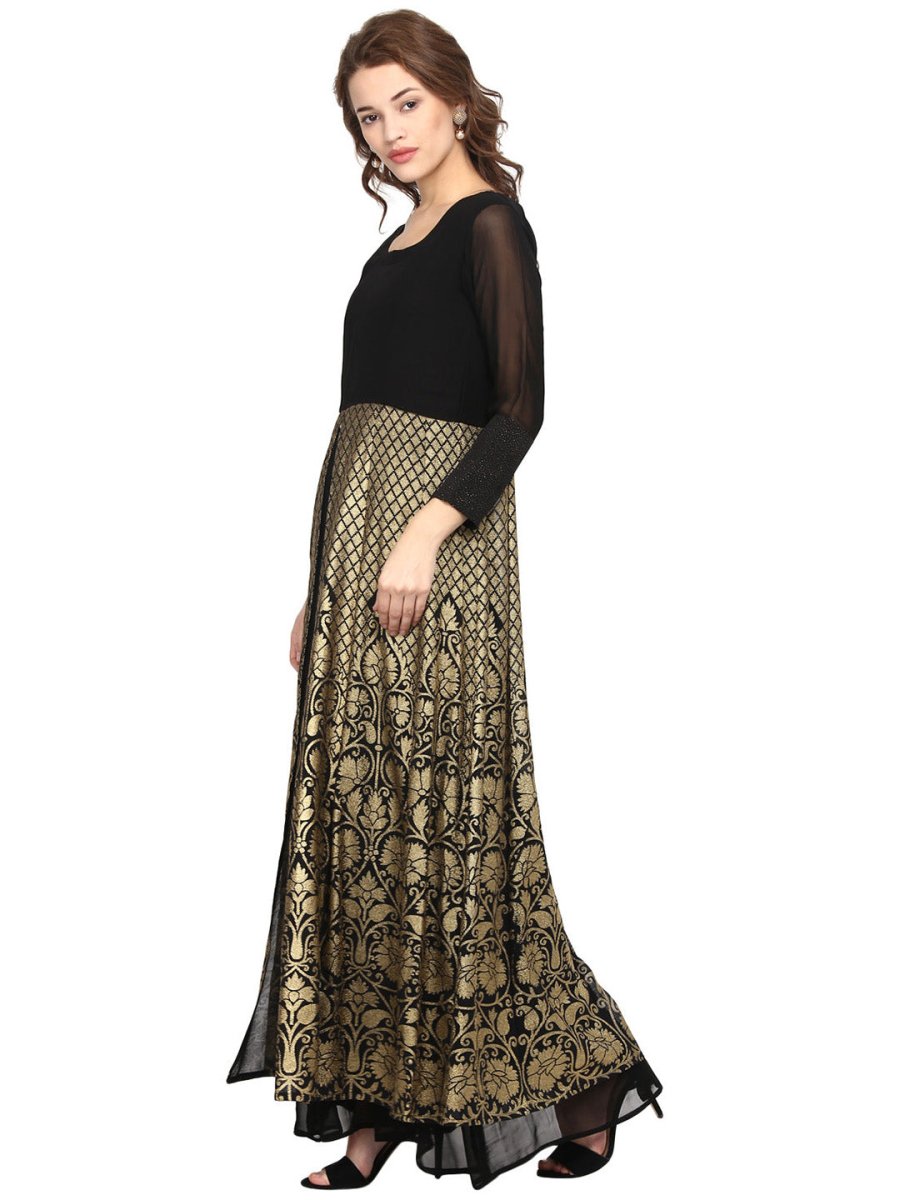 Ahalyaa Women Black & Golden Foil Print A-Line Kurta - Distacart