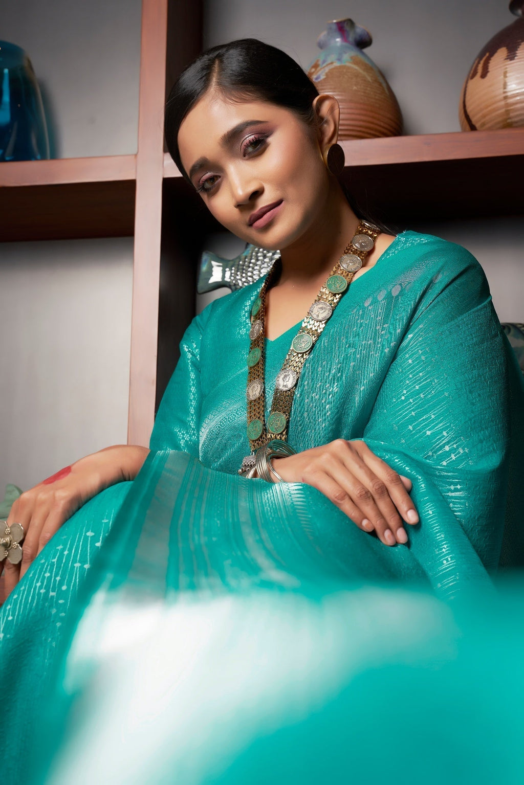 Vardha Sapphire Green Silver Zari Kanjeevaram Silk Saree