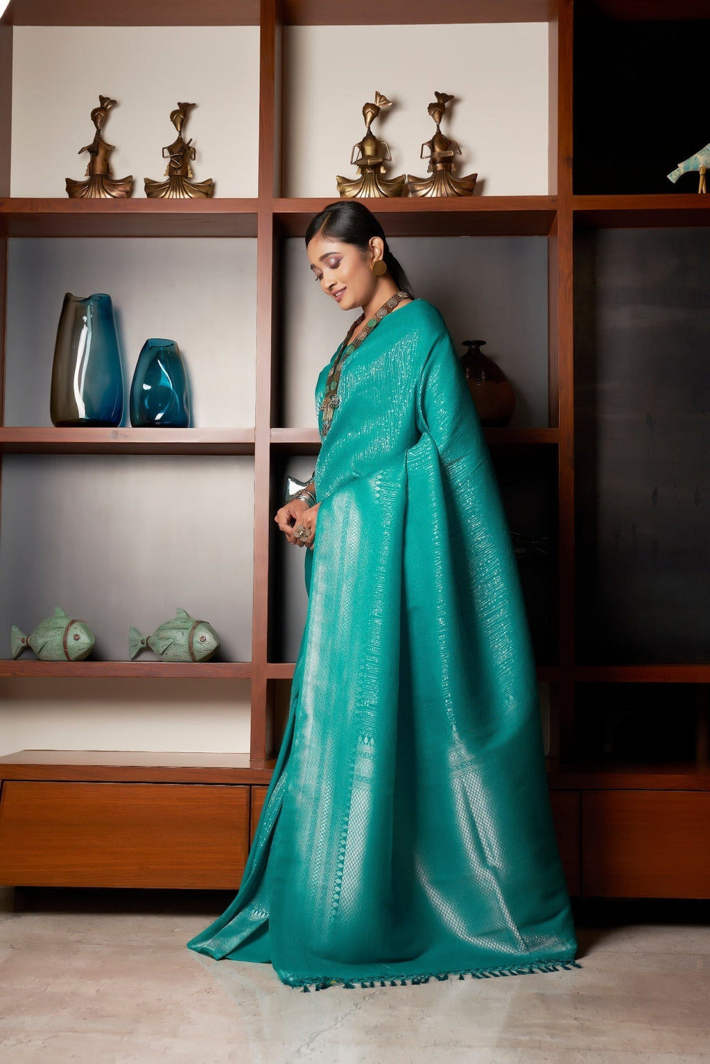Vardha Sapphire Green Silver Zari Kanjeevaram Silk Saree