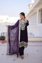 Joban Fashion Wine Kurta Set Velvet Sequins , Zari, Coding & Thread Embroidered work - Distacart