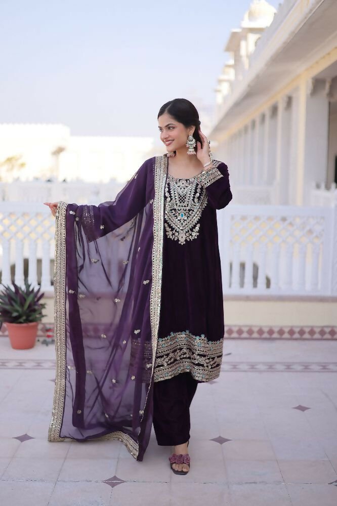 Joban Fashion Wine Kurta Set Velvet Sequins , Zari, Coding & Thread Embroidered work - Distacart