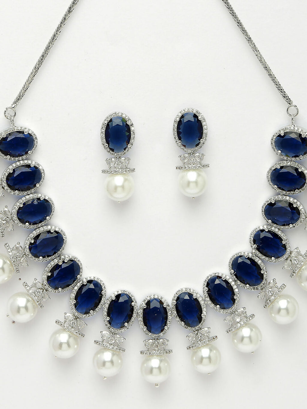 NVR Women's Silver-Plated Blue American Diamond Studded Handcrafted Jewellery Set