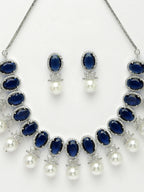NVR Women's Silver-Plated Blue American Diamond Studded Handcrafted Jewellery Set