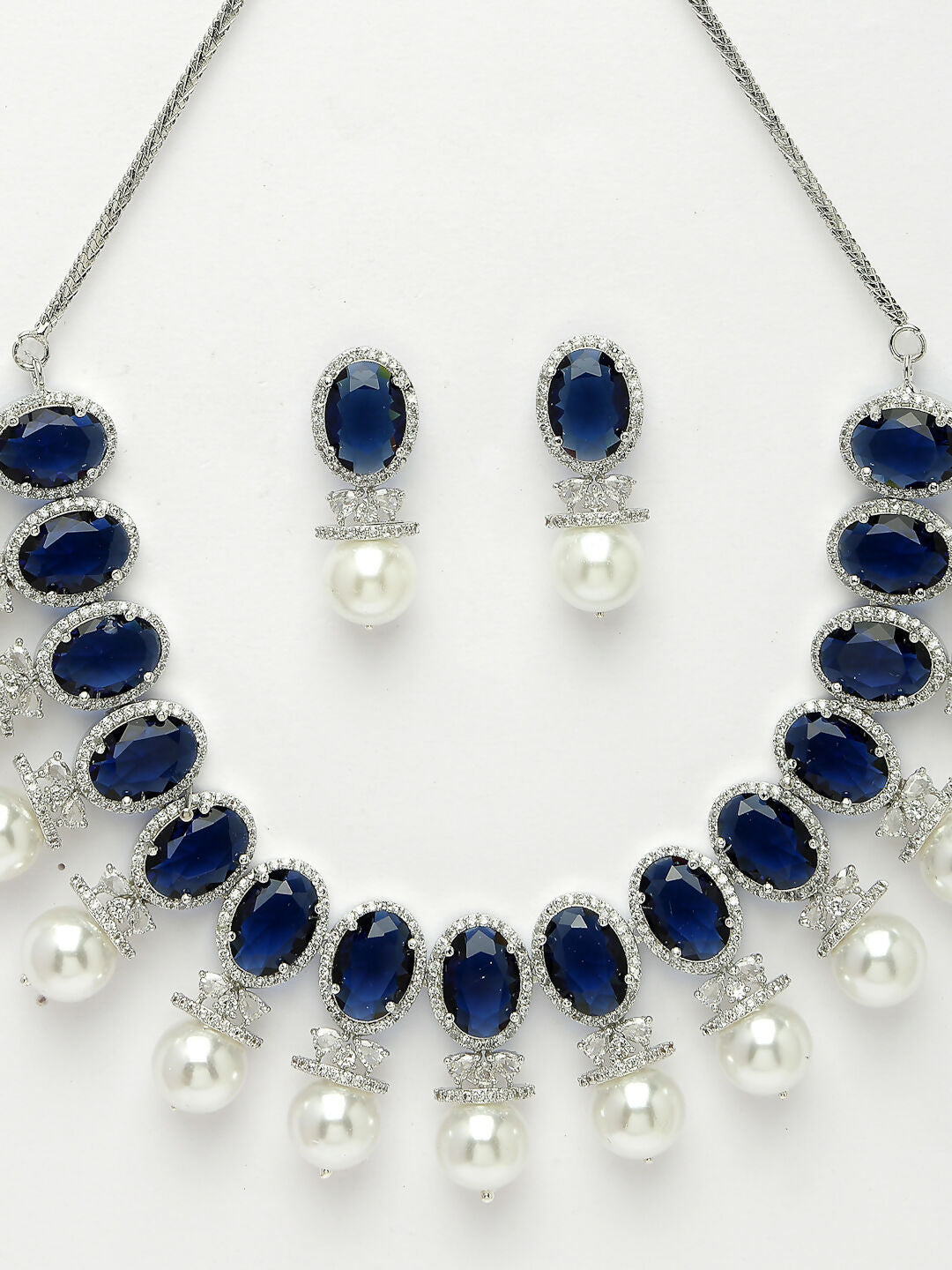 NVR Women's Silver-Plated Blue American Diamond Studded Handcrafted Jewellery Set
