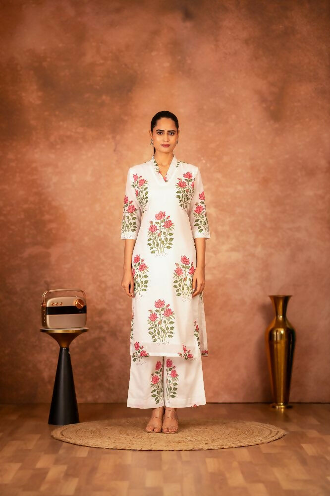 Joban Fashion Off White Red Hand Block Printed Cotton Suit Set - Distacart
