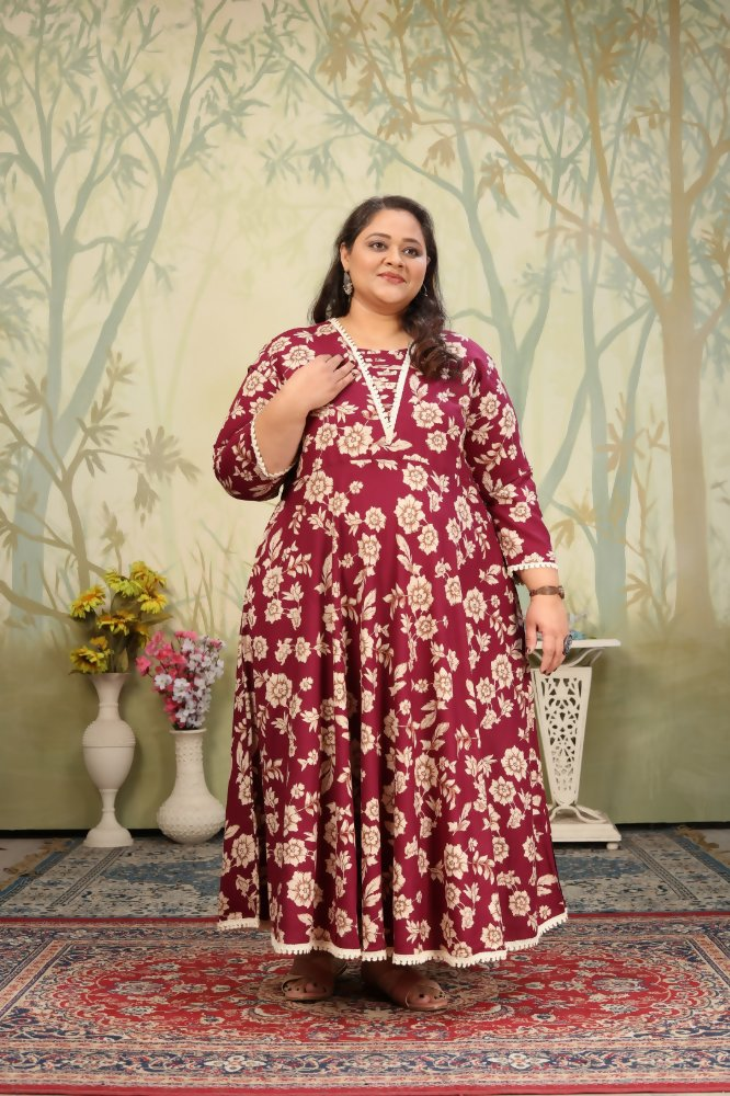 Jyoti Fashion Women's Wine Rayon Floral Print with Sequins Designer Anarkali Set