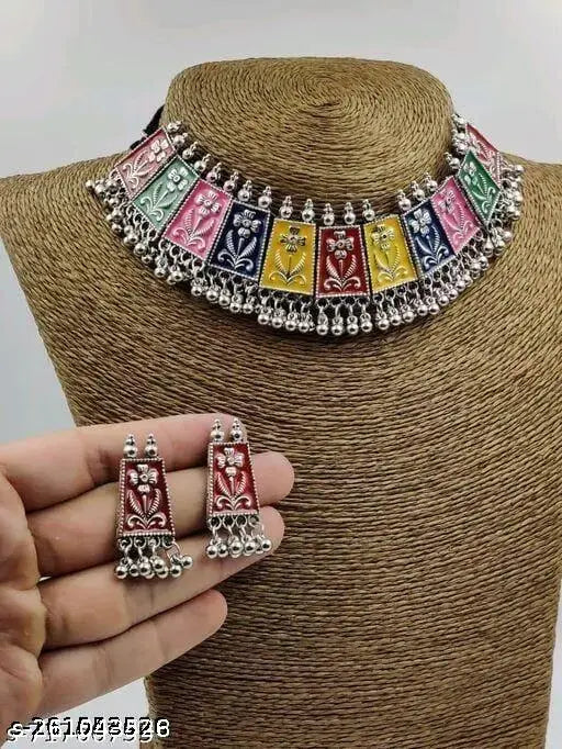 Tehzeeb Creations Women's Multi Colour Meenakari Oxidised Necklace Set