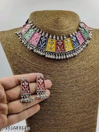 Tehzeeb Creations Women's Multi Colour Meenakari Oxidised Necklace Set