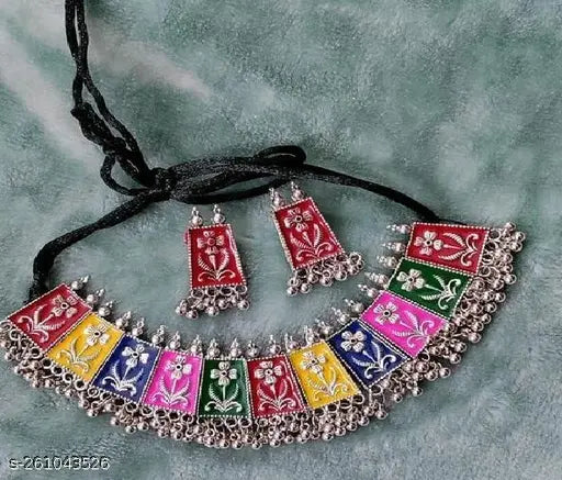 Tehzeeb Creations Women's Multi Colour Meenakari Oxidised Necklace Set