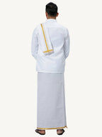 Ramraj Cotton Mens Wedding White Regular Dhoti, Shirt & Towel Set Subhakalyan 1/2"