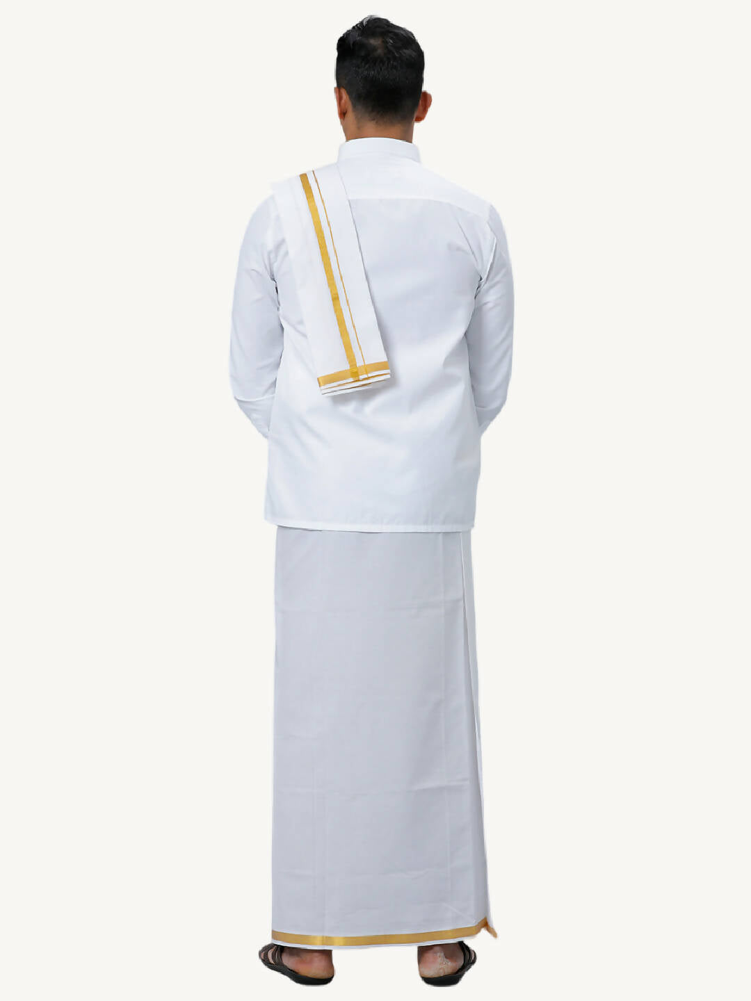 Ramraj Cotton Mens Wedding White Regular Dhoti, Shirt & Towel Set Subhakalyan 1/2"