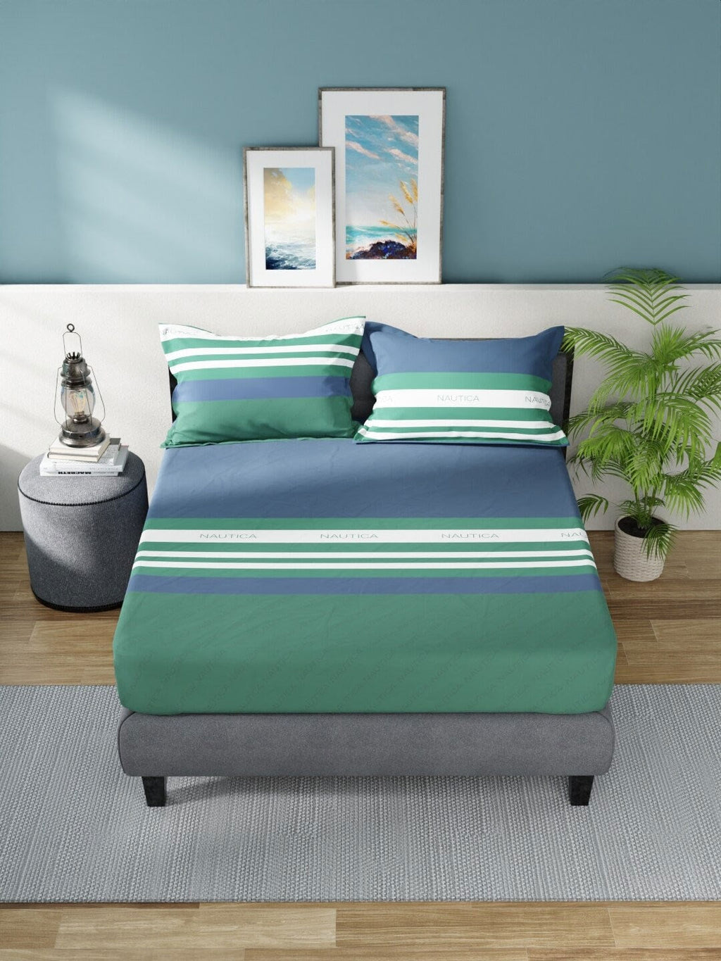 Nautica Bradford Blue & Green Striped 160 TC Pure Cotton King Bedsheet & 2 Pillow Covers