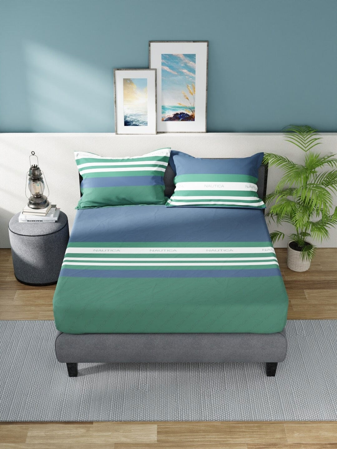 Nautica Bradford Blue & Green Striped 160 TC Pure Cotton King Bedsheet & 2 Pillow Covers