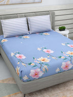 DREAM WEAVERZ Blue & Pink Floral Glazed Cotton 220 TC King Bedsheet with 2 Pillow Covers