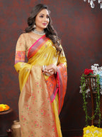 Lorenvalley Fashion Yellow Kanjivaram Silk Woven Design with Zari Weaving Saree