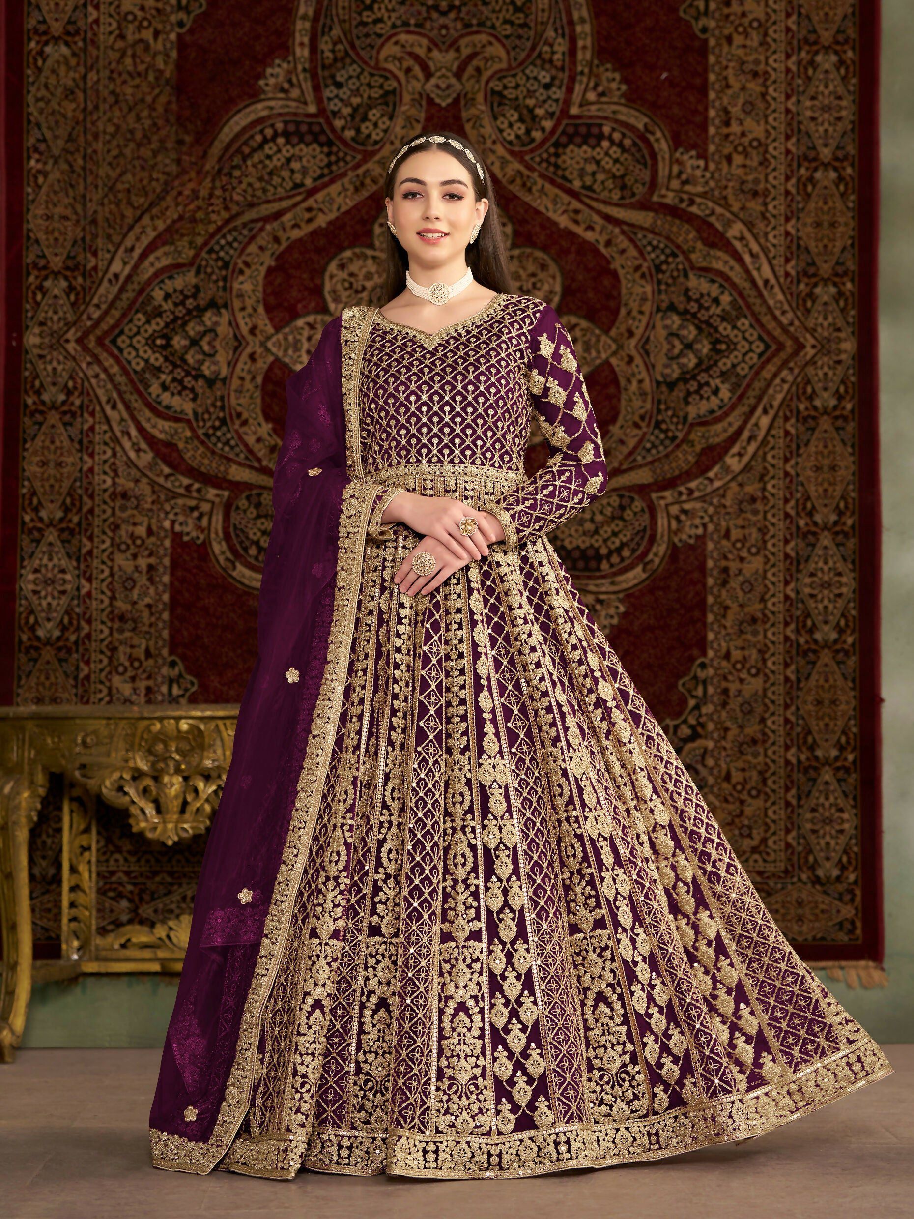 Anaita Purple Embroidered Net Stitched Anarkali Suit - Distacart