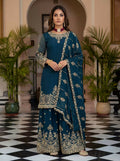 Teeya Creation Teal Chinon Silk Designer Wedding Wear Embroidery Work Palazzo - Distacart