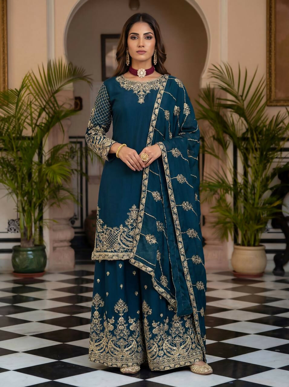 Teeya Creation Teal Chinon Silk Designer Wedding Wear Embroidery Work Palazzo - Distacart