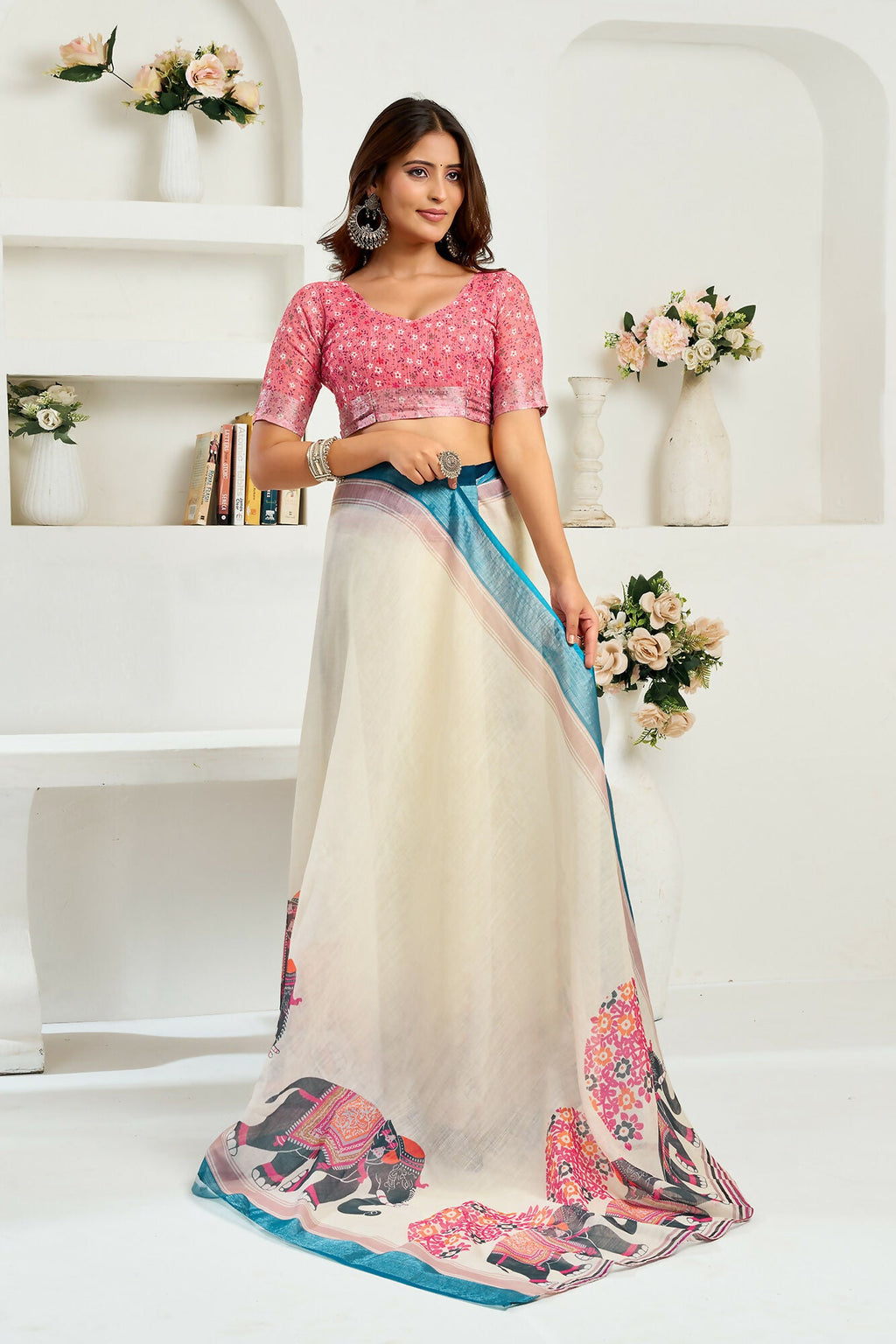 Vastranavya Cream Digital Printed Linen Ready To Wear Designer Saree with Unstitched Blouse - Distacart