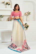 Vastranavya Cream Digital Printed Linen Ready To Wear Designer Saree with Unstitched Blouse - Distacart