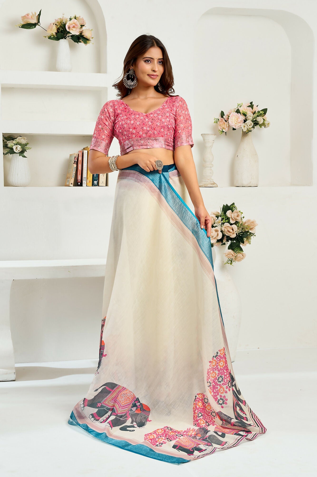 Vastranavya Cream Digital Printed Linen Ready To Wear Designer Saree with Unstitched Blouse - Distacart