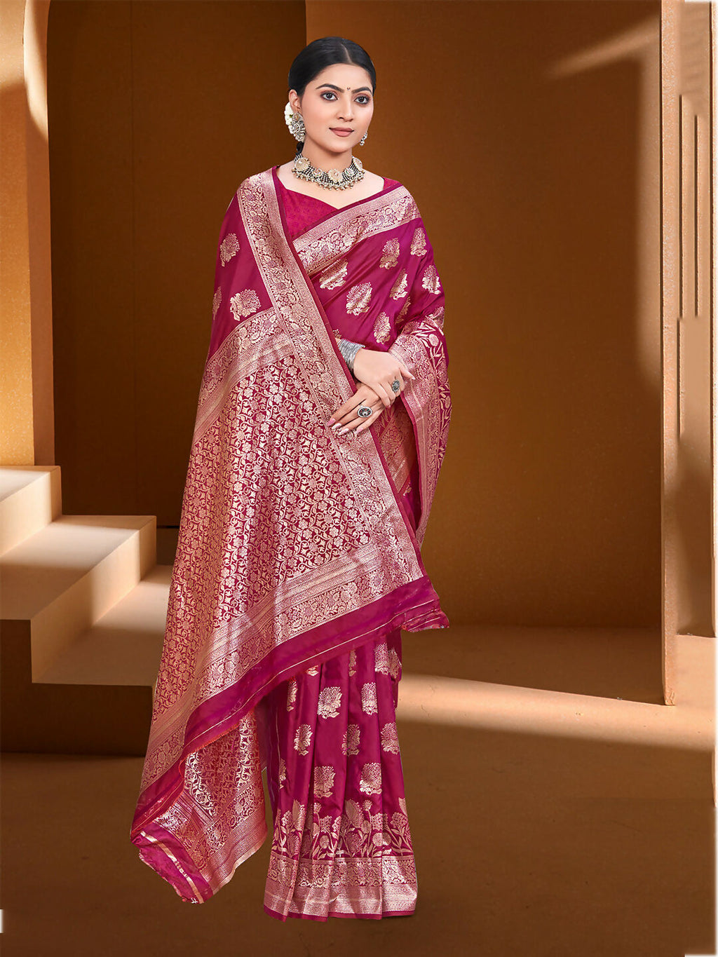 Sangam Prints Dark Pink Silk Woven Work Traditional Saree
