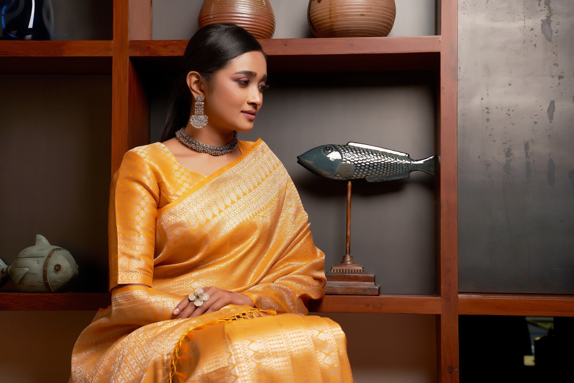 Vardha Dandelion Yellow Silver Zari Kanjeevaram Silk Saree