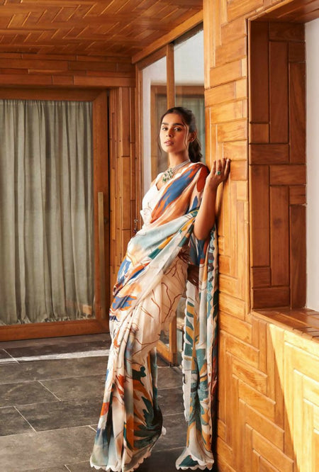 Cream Bright Moss Designer Digital Printed Party Wear Saree - Be Verly