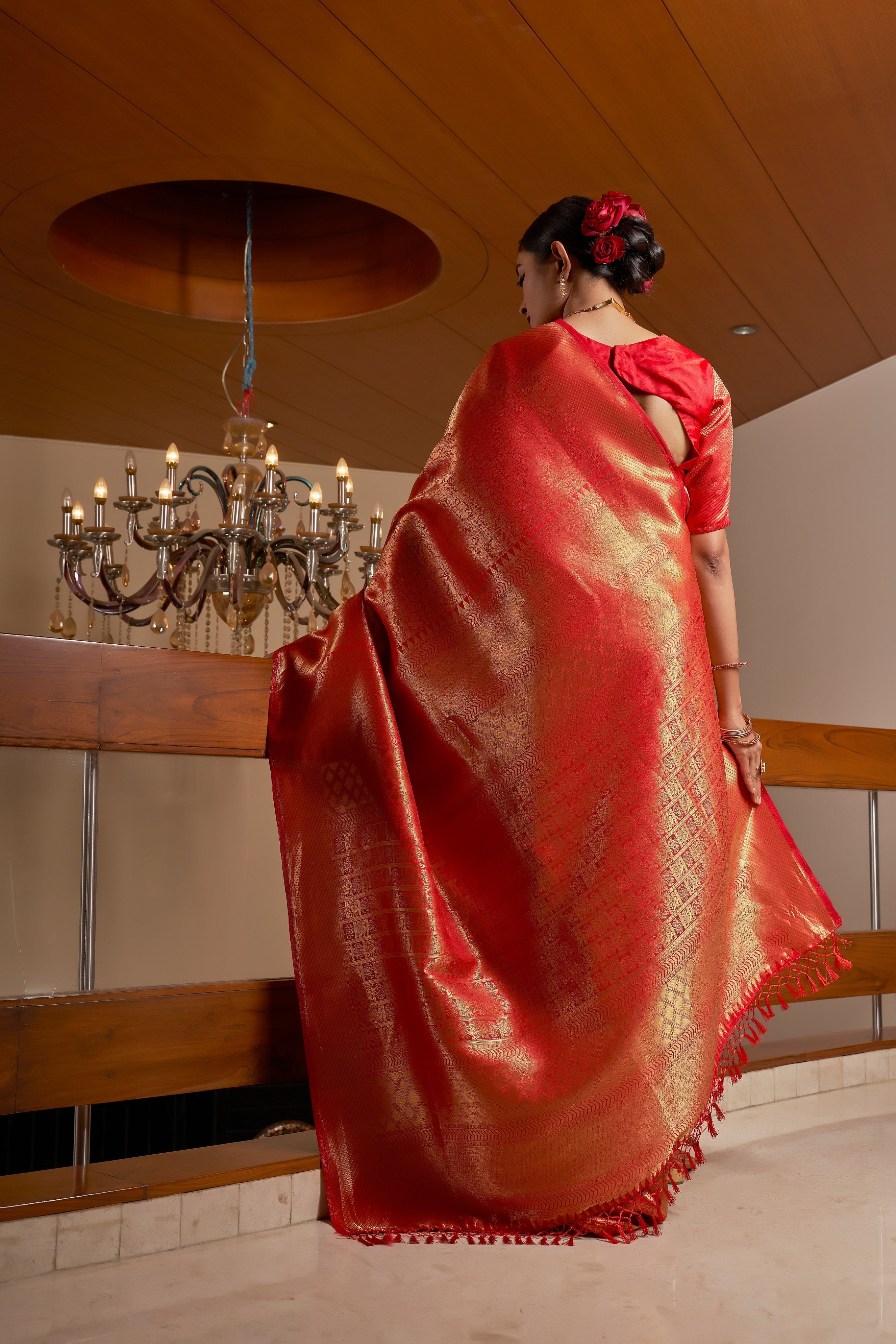 Vardha Red Rose Golden Zari Kanjeevaram Silk Saree