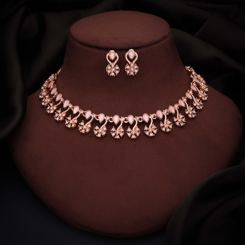 Tehzeeb Creations Rose Gold-Polished Baby Pink Choker Necklace With Dangle Earrings