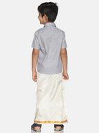 Sethukrishna Boys Grey & White Solid Shirt with Veshti Set