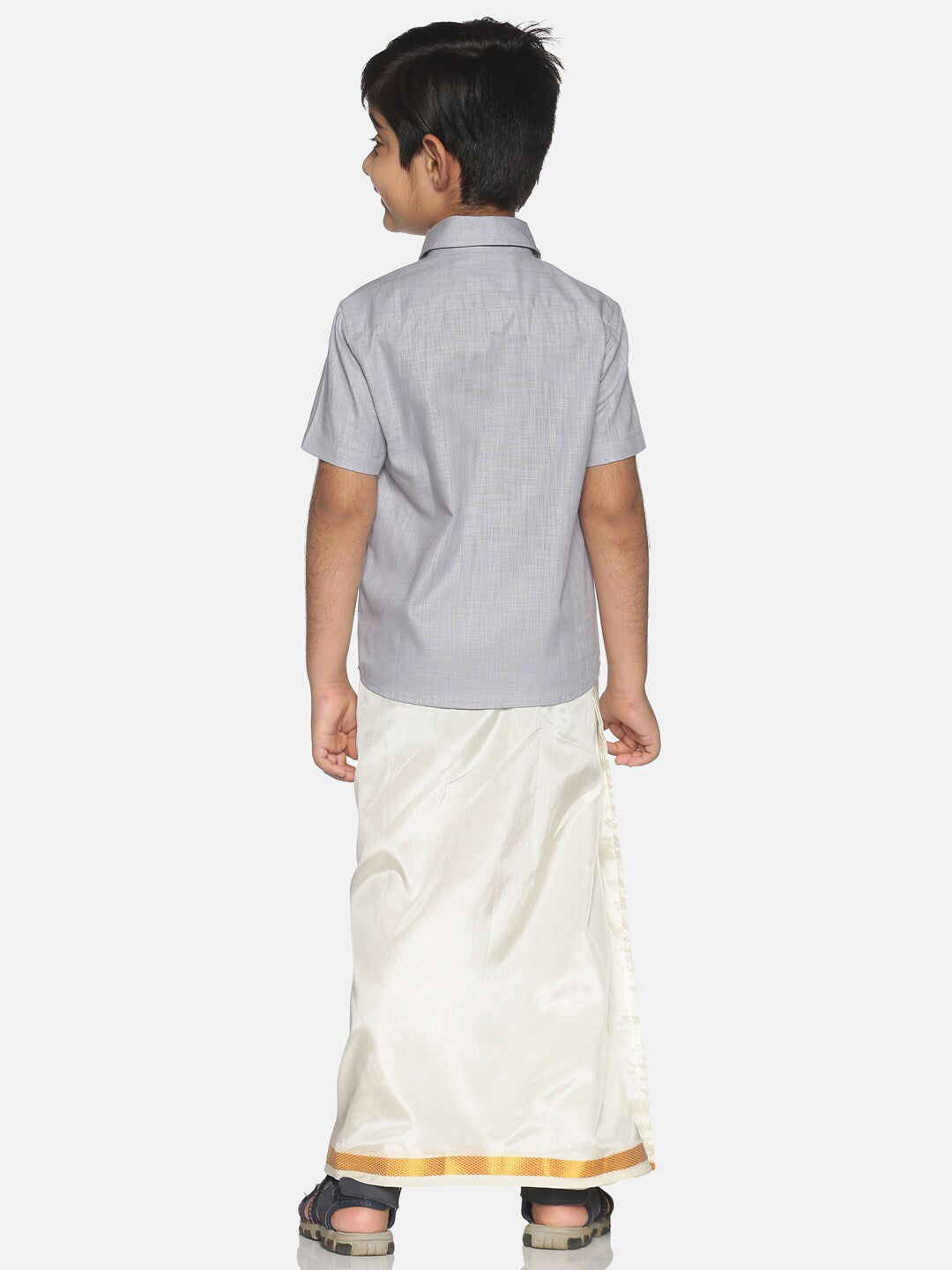 Sethukrishna Boys Grey & White Solid Shirt with Veshti Set