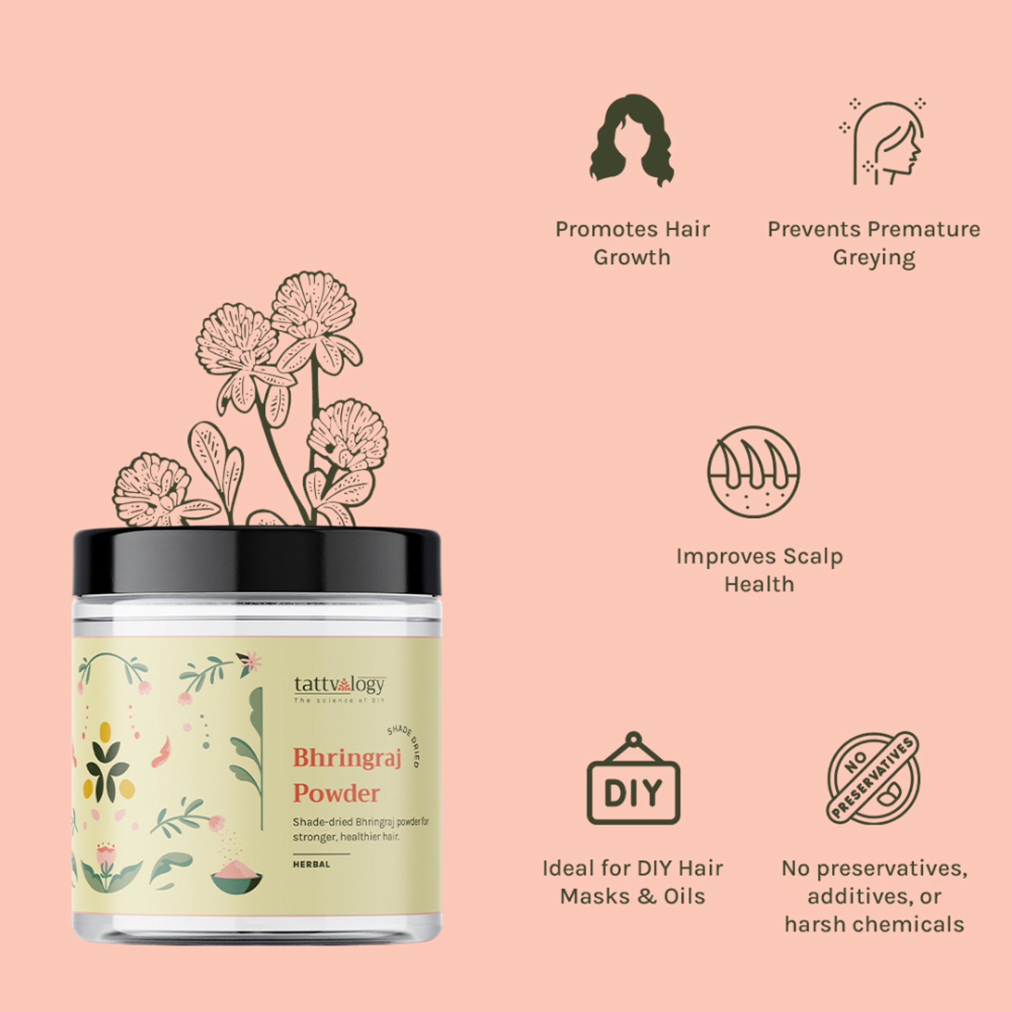 Tattvalogy Bhringraj Powder - Chemical-Free, Reduces Hair Fall & Strengthens Roots for Healthy Hair