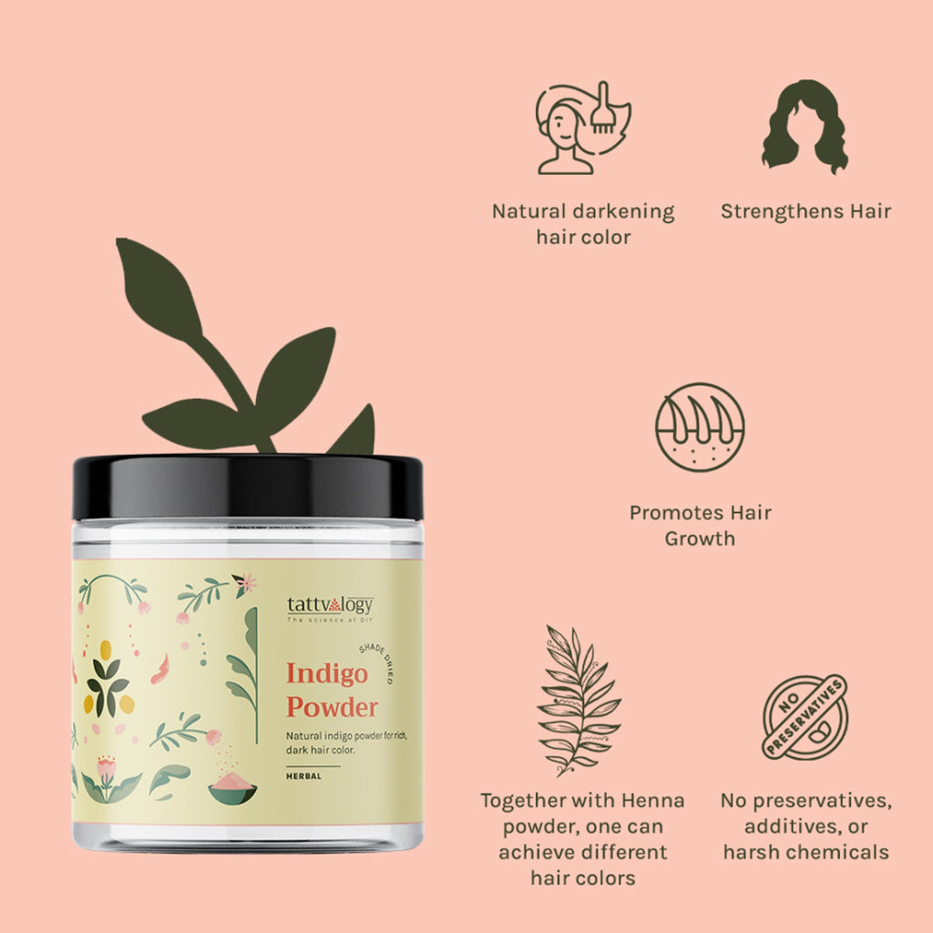 Tattvalogy Indigo Powder - Natural Hair Color with Henna for Soft, Indian Hair Shade & Conditioning - Distacart