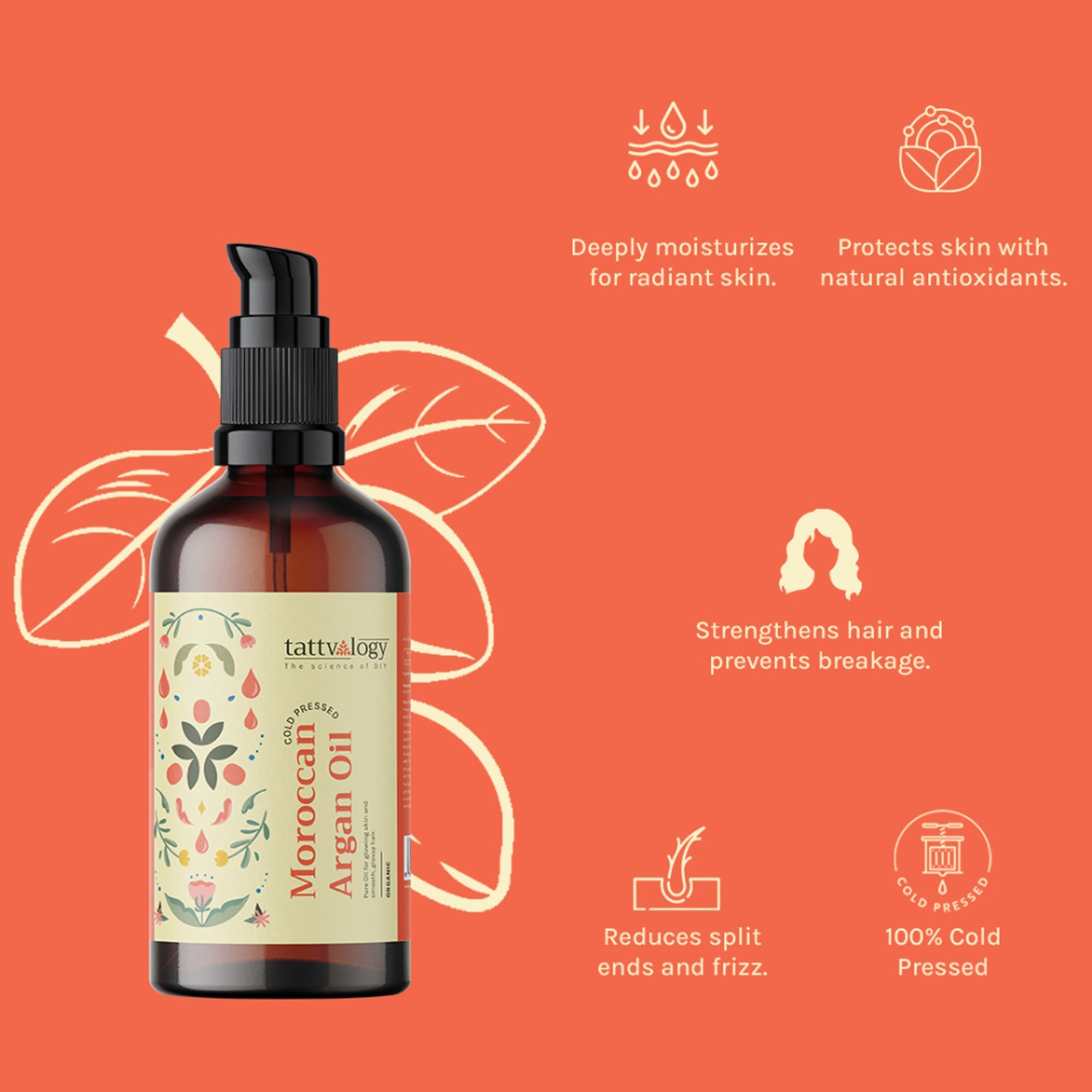 Tattvalogy Organic Moroccan Argan Oil - Vitamin-E Rich, Antioxidant, Tames Frizz for Smooth Hair - Distacart
