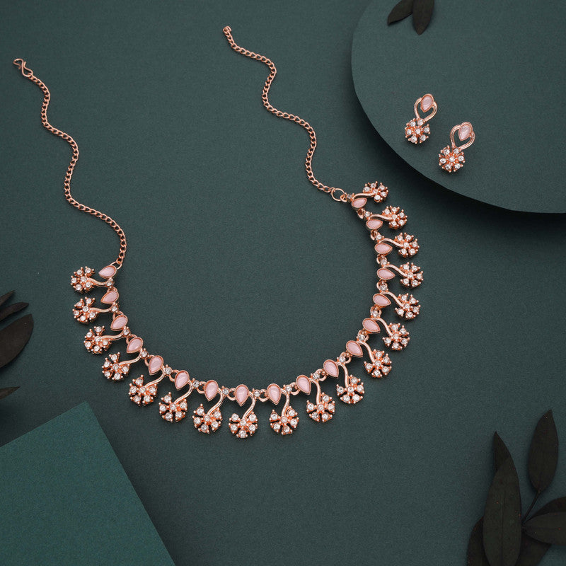 Tehzeeb Creations Rose Gold-Polished Baby Pink Choker Necklace With Dangle Earrings