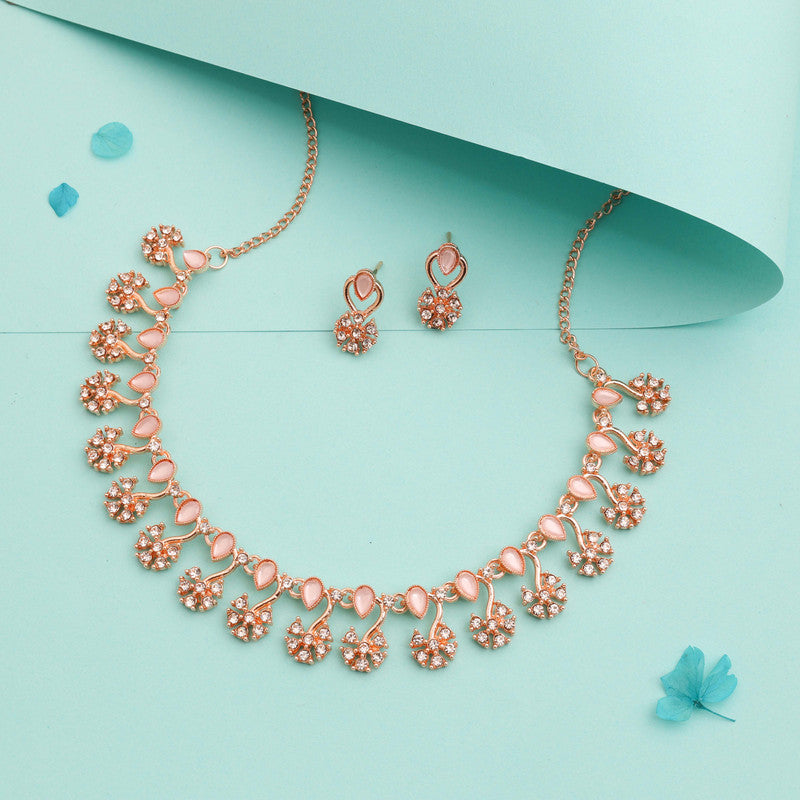 Tehzeeb Creations Rose Gold-Polished Baby Pink Choker Necklace With Dangle Earrings