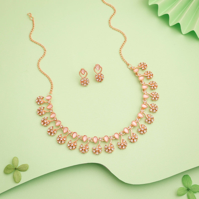Tehzeeb Creations Rose Gold-Polished Baby Pink Choker Necklace With Dangle Earrings