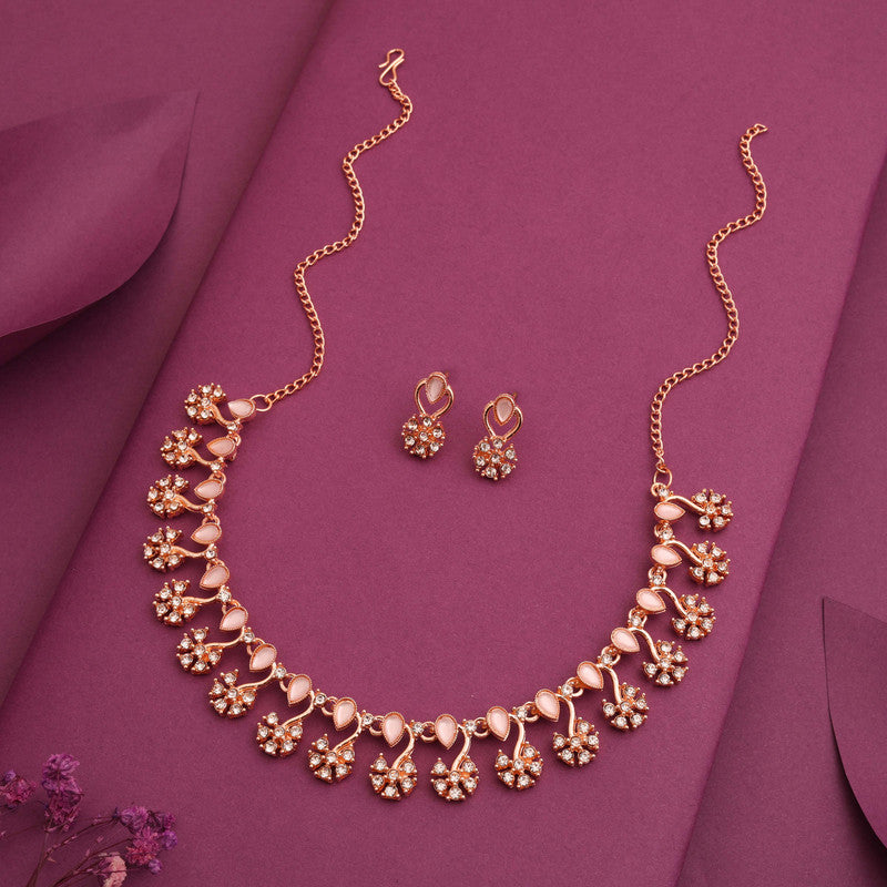 Tehzeeb Creations Rose Gold-Polished Baby Pink Choker Necklace With Dangle Earrings