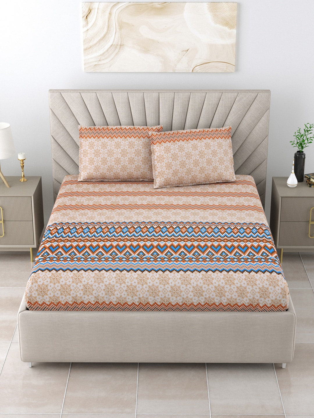 BOMBAY DYEING Brown & Blue Ethnic Motifs Cotton 250 TC King Bedsheet With 2 Pillow Covers