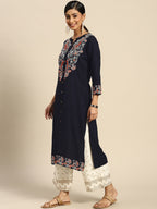 Sangria Women Navy Blue Ethnic Motifs Embroidered Kurta with Palazzos